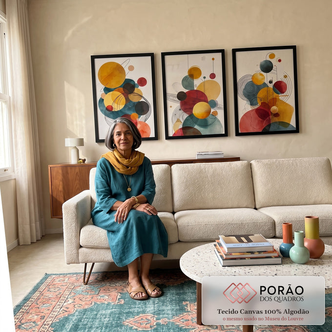 Quadro Decorativo Abstrato Trifásico Colorido em sala de estar moderna - quadros decorativos para sala