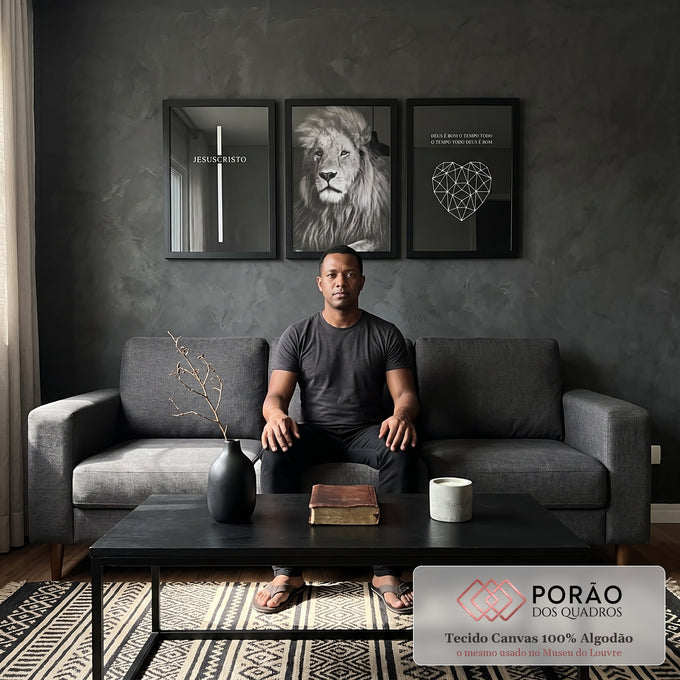 Quadro Decorativo Leão Majestoso: Transcenda com Fé em sala de estar moderna - quadros decorativos para sala