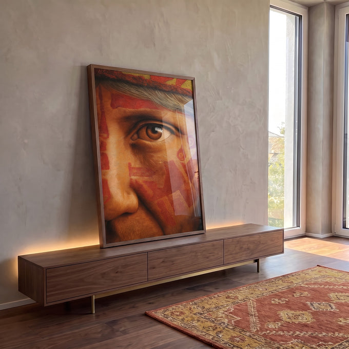 Quadro Decorativo - Rosto Ancestral Arte da Conexão Humana em ambiente decorado - quadros decorativos para sala