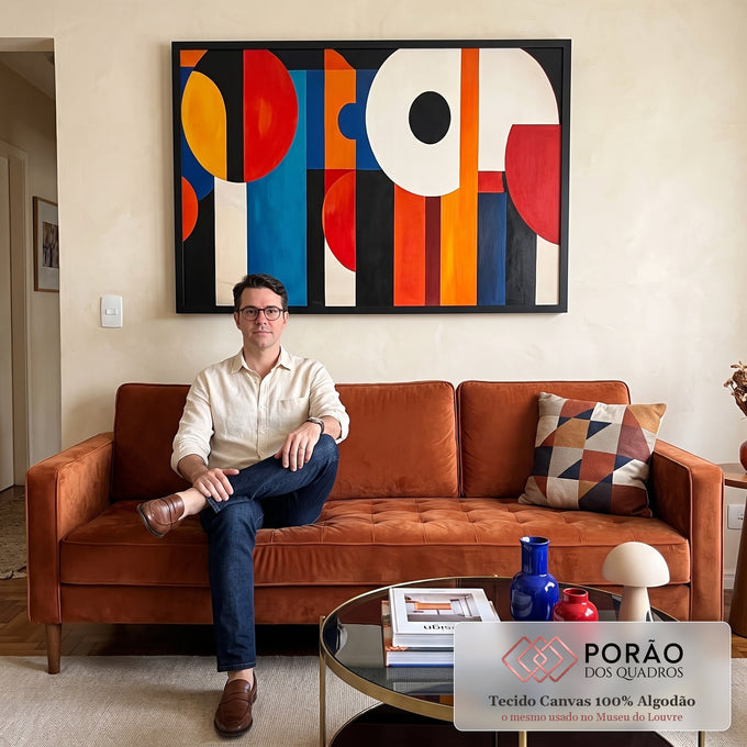 Quadro Decorativo Abstrato Geometria Vibrante em Cores Primárias em sala de estar moderna - quadros decorativos para sala