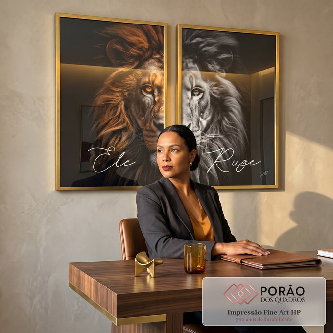 Quadro Decorativo Duo Leão - Elegância Realista para Seu Ambiente em escritorio moderno - quadros decorativos para sala