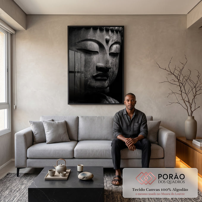 Quadro Decorativo Buda em Cinza Elegante em sala de estar moderna - quadros decorativos para sala
