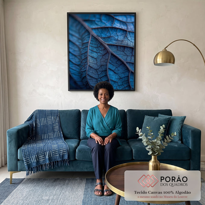 Quadro Decorativo Folhas Azuis Serenity em sala de estar moderna - quadros decorativos para sala