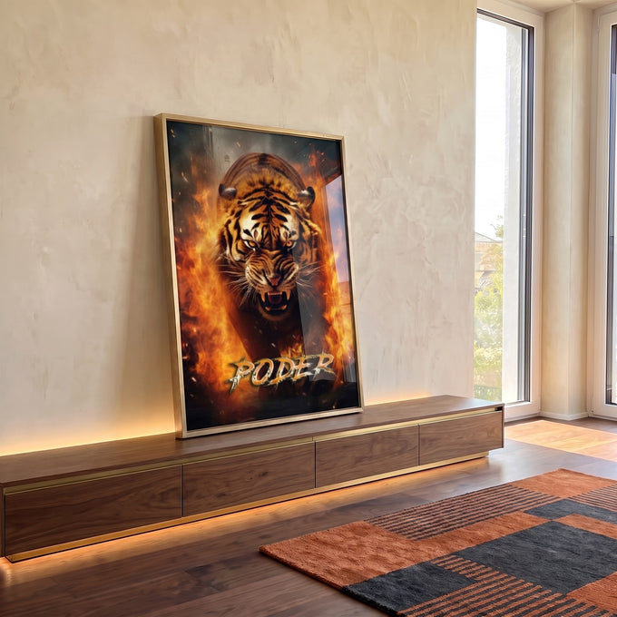 Quadro Decorativo Tigre Poder Fogo - Elegância e Impacto Visual para Seu Lar em ambiente decorado - quadros decorativos para sala
