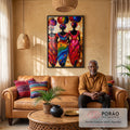 Quadro Decorativo Feminino Cultura Africana em sala de estar moderna - quadros decorativos para sala