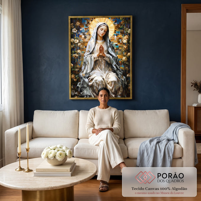 Quadro Decorativo Nossa Senhora de Fátima em sala de estar moderna - quadros decorativos para sala