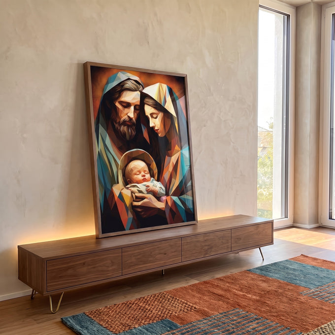 Quadro Decorativo Moderno Família Santa Geométrico - Design Sofisticado para sua Casa em ambiente decorado - quadros decorativos para sala