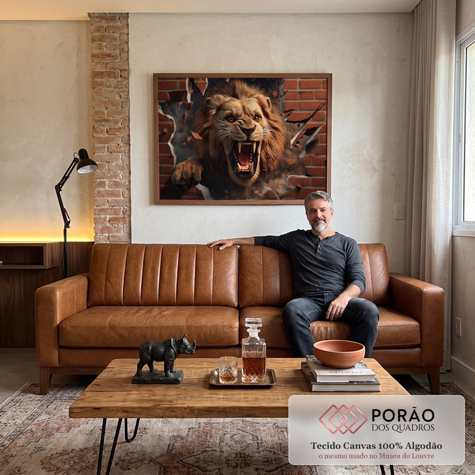 Quadro Decorativo Leão: Quebrando Parede Raivoso em sala de estar moderna - quadros decorativos para sala