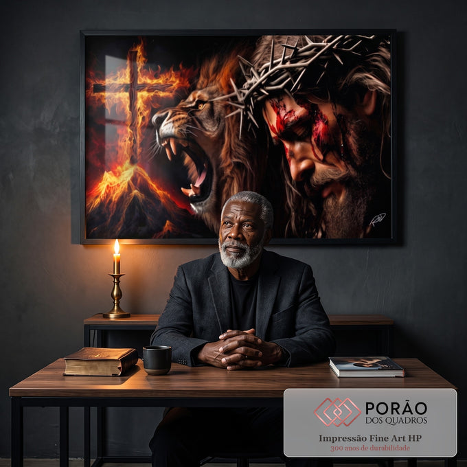 Quadro Decorativo Leão de Judá e Cristo em escritorio moderno - quadros decorativos para sala