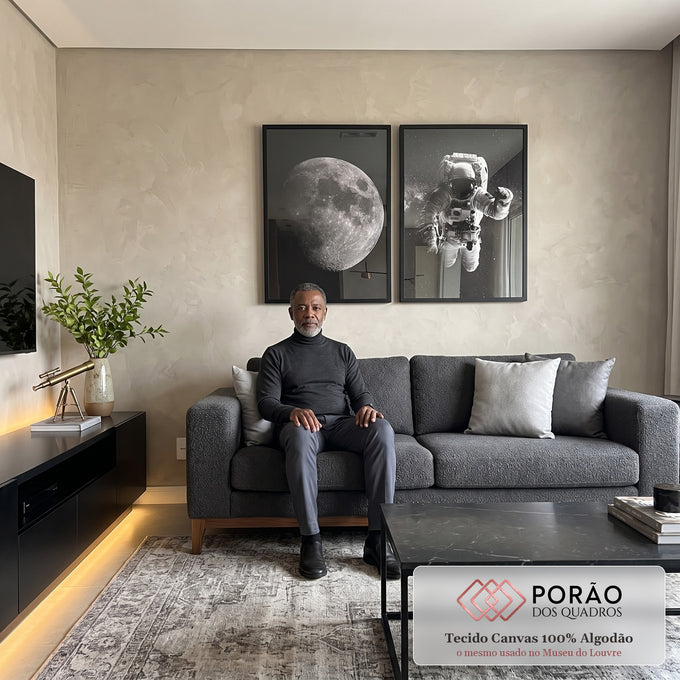 Quadro Decorativo Explorador Lunar: Desperte sua Imaginação em sala de estar moderna - quadros decorativos para sala