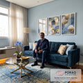 Quadro Decorativo Tríptico Elegante em Azul em sala de estar moderna - quadros decorativos para sala