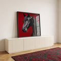 Quadro Decorativo Cavalo Negro em Vermelho em ambiente decorado - quadros decorativos para sala