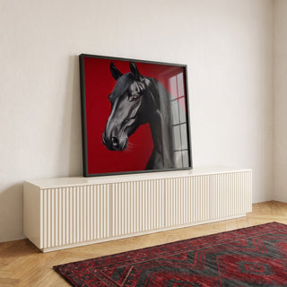 Quadro Decorativo Cavalo Negro em Vermelho em ambiente decorado - quadros decorativos para sala