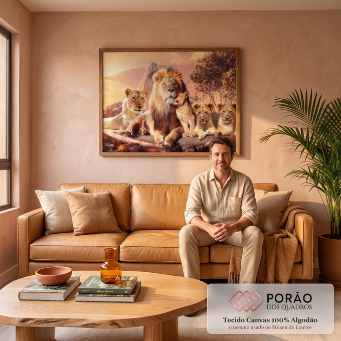 Quadro Decorativo Família de Leões com Filhotes - Elegância e Sofisticação para Sua Decoração em sala de estar moderna - quadros decorativos para sala