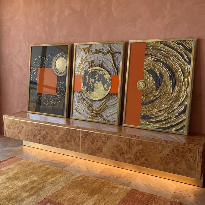 Quadro Decorativo: Dinamismo Abstrato em Preto e Dourado em ambiente decorado - quadros decorativos para sala