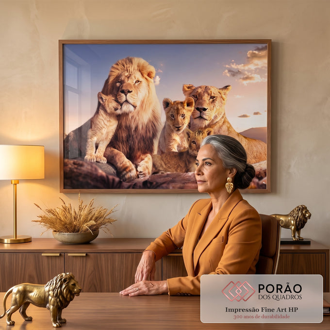 Quadro Decorativo Leões ao Pôr do Sol: União Familiar em escritorio moderno - quadros decorativos para sala
