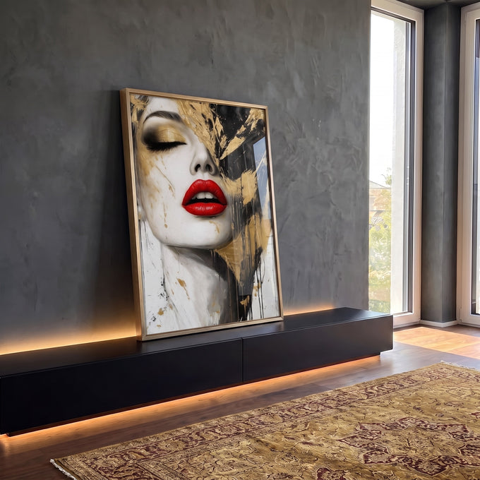 Quadro Decorativo Feminino Elegante com Dourado em ambiente decorado - quadros decorativos para sala