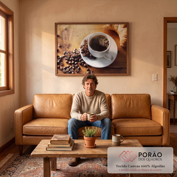Quadro Decorativo Xícara com Croissant: Inspire-se! em sala de estar moderna - quadros decorativos para sala