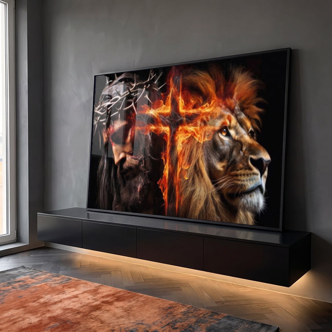 Quadro Decorativo Família de Judá: Cruz em Chamas - Arte com Significado e Estilo em ambiente decorado - quadros decorativos para sala