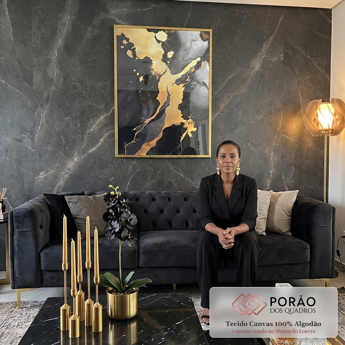Quadro Decorativo Abstrato Luxuoso em Dourado e Preto Transforme Seu Ambiente em sala de estar moderna - quadros decorativos para sala
