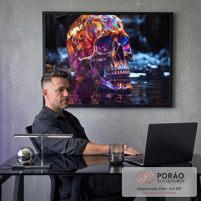 Quadro Decorativo Caveira Cromada: Elegância Ousada em escritorio moderno - quadros decorativos para sala