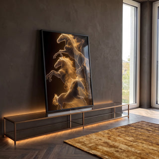 Quadro Decorativo Cavalos Dourados em Movimento em ambiente decorado - quadros decorativos para sala
