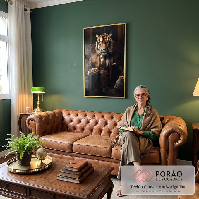 Quadro Decorativo Tigre Executivo - Arte Sofisticada para Ambientes Elegantes em sala de estar moderna - quadros decorativos para sala