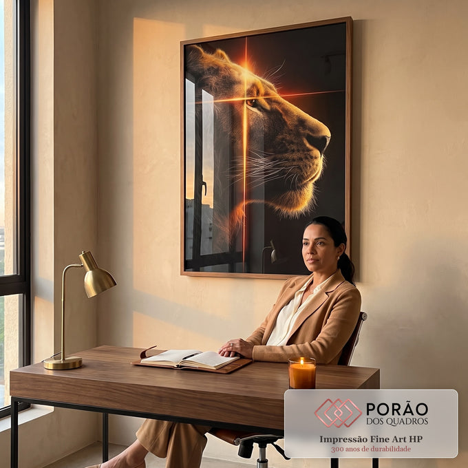 Quadro Decorativo Retrato Majestoso do Leão em escritorio moderno - quadros decorativos para sala
