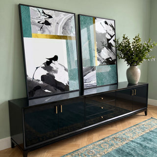 Quadro Decorativo Pinceladas de Ouro e Verde - Elegância Única em ambiente decorado - quadros decorativos para sala