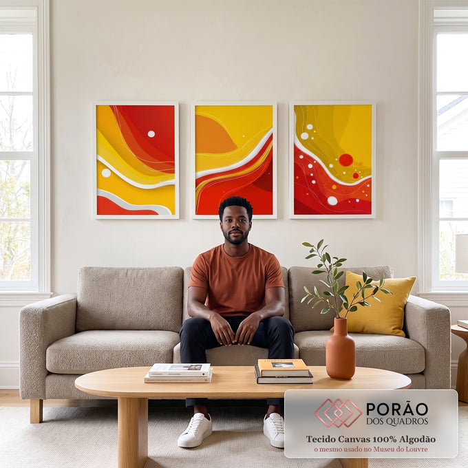 Quadro Decorativo Alegria em Três Painéis em sala de estar moderna - quadros decorativos para sala