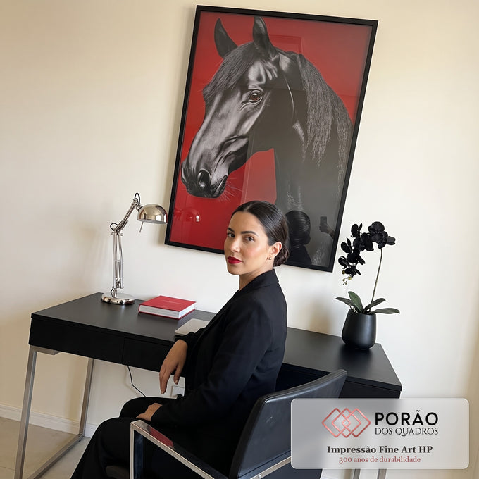 Quadro Decorativo Cavalo Negro em Vermelho em escritorio moderno - quadros decorativos para sala