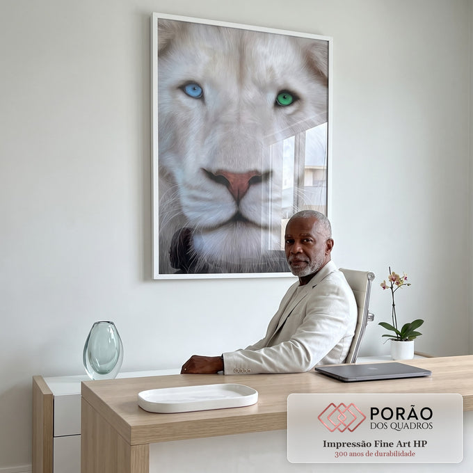 Quadro Decorativo Leão Glacial Imponente em escritorio moderno - quadros decorativos para sala