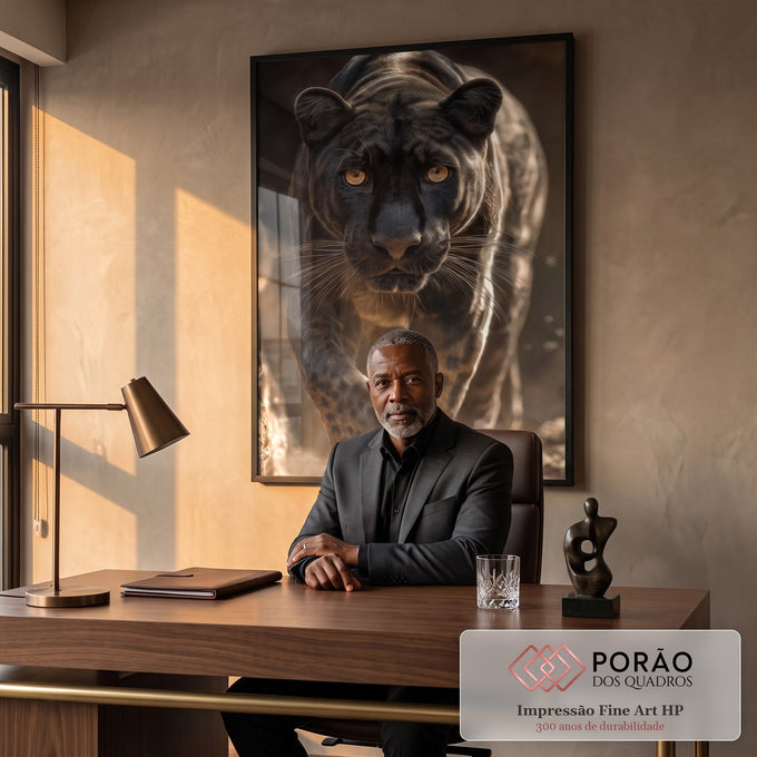 Quadro Decorativo Onça Negra Majestosa em escritorio moderno - quadros decorativos para sala