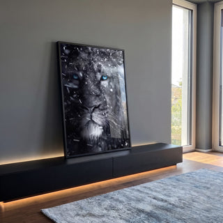 Quadro Decorativo Majestade Invernal - Leão na Neve em ambiente decorado - quadros decorativos para sala