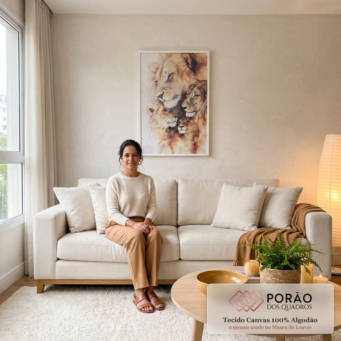 Quadro Decorativo Elegante: Casal de Leões com Dois Filhotes em sala de estar moderna - quadros decorativos para sala
