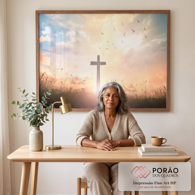 Quadro Decorativo Cruz no Campo - Aura de Paz ao Entardecer em escritorio moderno - quadros decorativos para sala