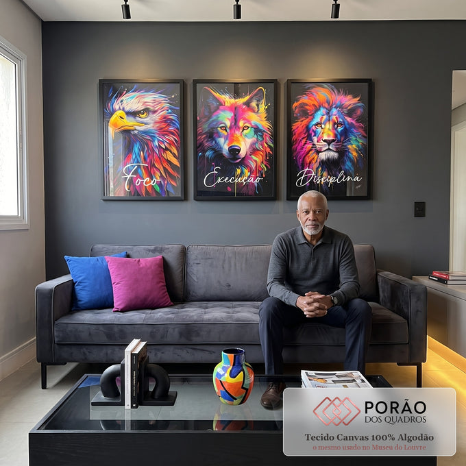 Quadro Decorativo Foco, Execução e Disciplina Colorido em sala de estar moderna - quadros decorativos para sala