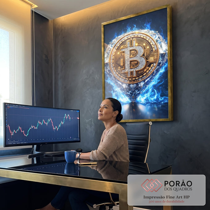 Quadro Decorativo Bitcoin Brilhante em escritorio moderno - quadros decorativos para sala