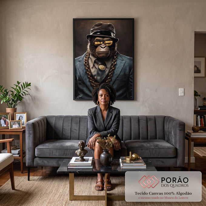 Quadro Decorativo Moderno e Estiloso Gorila Boss em sala de estar moderna - quadros decorativos para sala