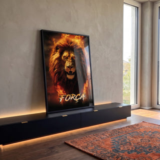 Quadro Decorativo Leão Força Fogo - Exuberância e Estilo para Sua Parede em ambiente decorado - quadros decorativos para sala