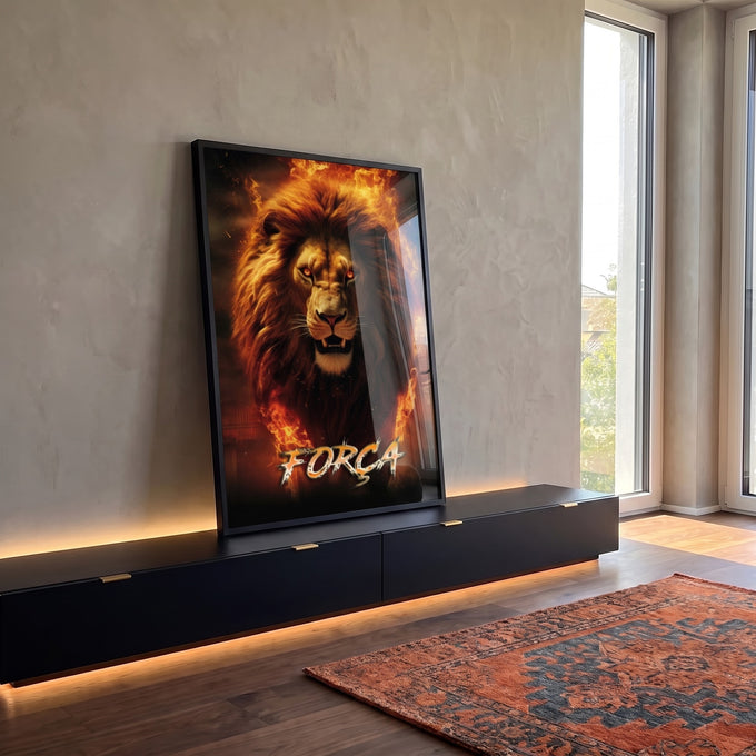 Quadro Decorativo Leão Força Fogo - Exuberância e Estilo para Sua Parede em ambiente decorado - quadros decorativos para sala