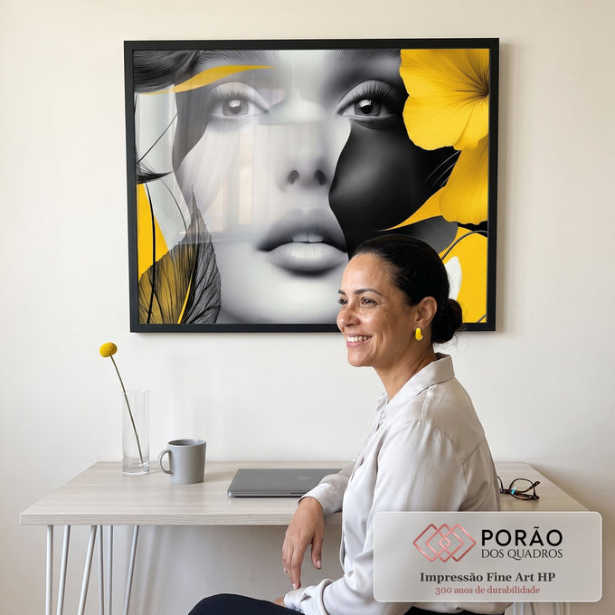 Quadro Decorativo Mulher sobre tons Amarelados em escritorio moderno - quadros decorativos para sala