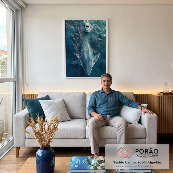 Quadro Decorativo Encontro Majestoso - Barco e Baleia no Mar em sala de estar moderna - quadros decorativos para sala