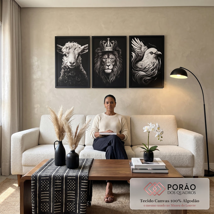 Quadro Decorativo Yeshua: Elegância Minimalista com Cordeiro e Pomba em sala de estar moderna - quadros decorativos para sala