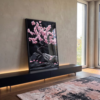 Quadro Decorativo Árvore da Vida com Pétalas Rosas Harmonia e Beleza em ambiente decorado - quadros decorativos para sala