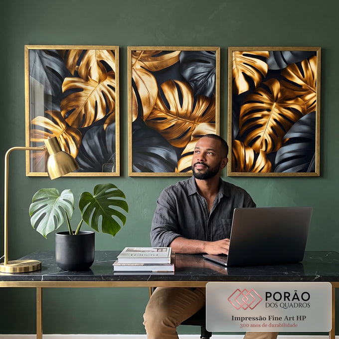 Quadro Decorativo Sofisticação em Folhas Douradas e Pretas em escritorio moderno - quadros decorativos para sala
