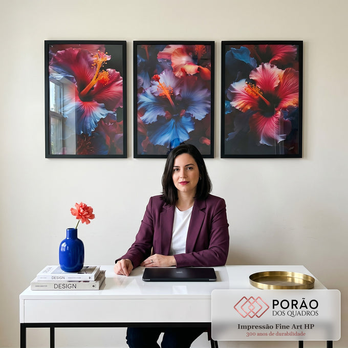 Quadro Decorativo Trio de Flores de Hibisco - Elegância e Vitalidade para sua Parede em escritorio moderno - quadros decorativos para sala