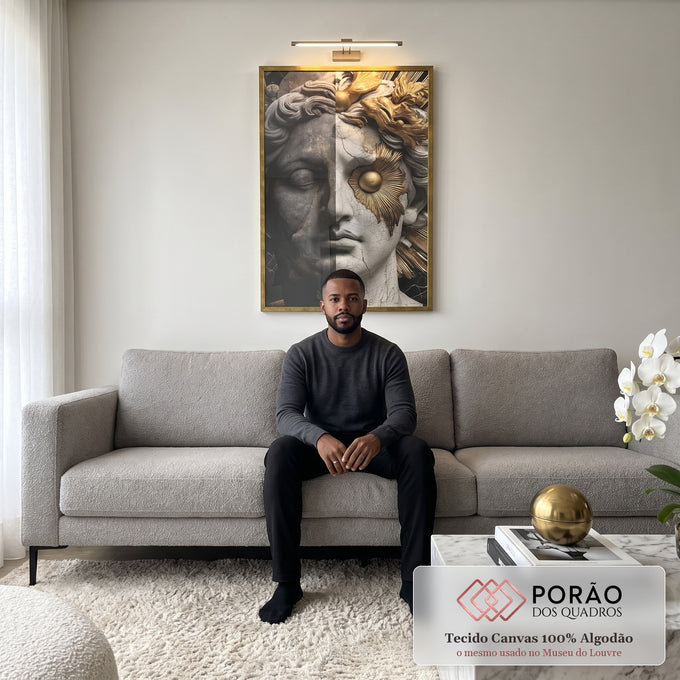 Quadro Decorativo Bustos Dourados Elegantes em sala de estar moderna - quadros decorativos para sala