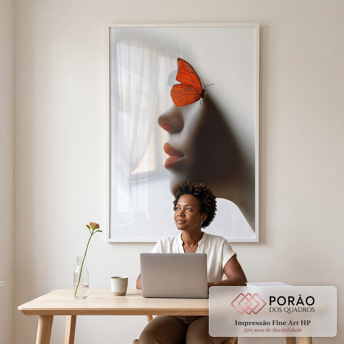Quadro Decorativo Artística com Borboleta Laranja em escritorio moderno - quadros decorativos para sala