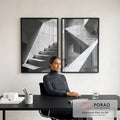 Quadro Decorativo com Escadaria Minimalista em Preto e Branco em escritorio moderno - quadros decorativos para sala